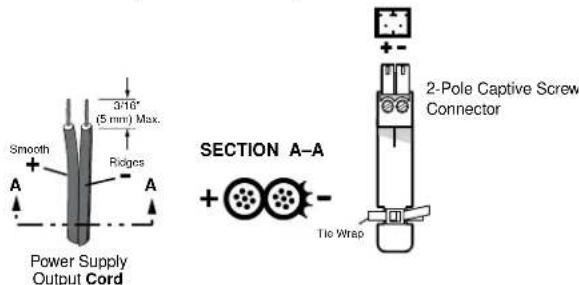 3-16" (5 mm) Max. Smooth Ridges A A Power Supply Output Cord SECTION A-A + - Tie Wrap 2-Pole Captive Screw Connector