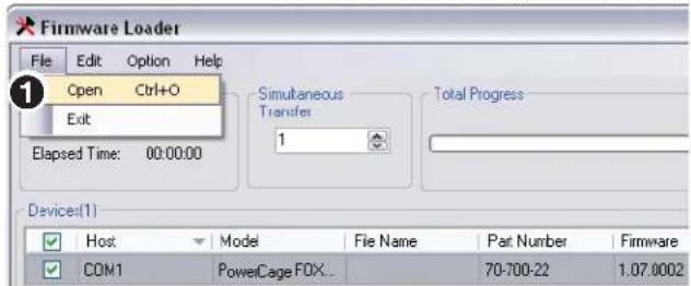 Firmware Loader File Edit Option Help Open Ctrl+O Exit Simultaneous Transfer 1 Total Progress Elapsed Time: 00:00:00 Device(1) Host Model File Name Part Number Firmware COM1 PowerCage FOX_ 70-700-22 1.07.0002