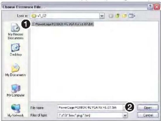 Choose Firmware File... Look in: v1_02 PowerCase 4G XGA RX V1.07.bn My Recent Documents Desktops My Documents My Computer My Network File name: PowerCase 4G XGA RX V1.07.bn File of type: [c:\19\hex\fig."bnl] Open Cancel