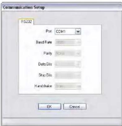 Communication Setup RS232 Port COM1 Baud Rate Parity None Data Bits Stop Bits Handshake OK Cancel