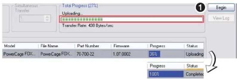 Simultaneous Transfer Total Progress (27%) Uploading... Transfer Rate: 430 Bytes/sec Begin View Log Model File Name Part Number Firmware Progress Status PowerCage FOX... PowerCageFOX... 70-700-22 1.07.0002 36% Uploading Progress Status 100% Completes