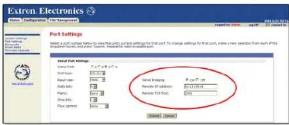 Extron Electronics Notes Configuration Fits Management Port Settings Serial Port Settings Serial Link: 0.1/2.0 @ 1.0 / 4 Port Number: 01-531 Read name: NWS Binary type: Normal Party: Normal Use type: Normal Play script: Normal Serial Linking: On/Off Remote IP address: 01.1.278.44 Remote TCP Foc: 242 Send to: Send