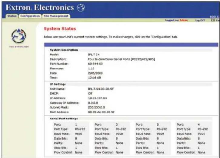 Extron IPL T S6 - System Status page - 1