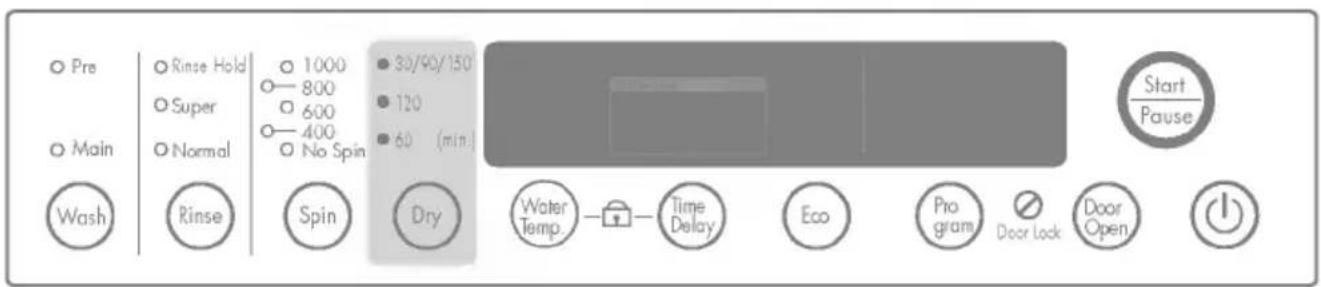 Pre ○ Rinse Hold ○ 1000 ○ 800 ○ Super ○ 600 ○ 400 ○ No Spin ○ Main ○ Normal Wash Rinse Spin Dry 30/90/150 120 60 (min) Water Temp Time Delay Eco Program Door Lock Door Open Start Pause