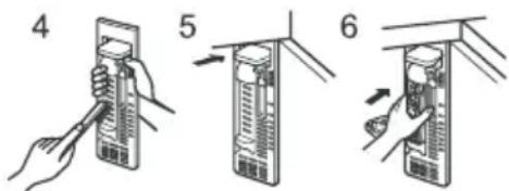 Diagram showing three-step installation of a device with labeled parts and directional arrows indicating process flow.