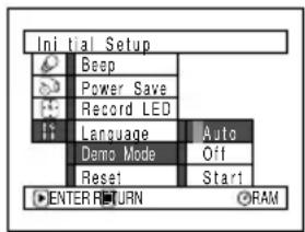Initial Setup Beep Power Save Record LED Language Auto Demo Mode Off Reset Start ENTER RETURN RAM