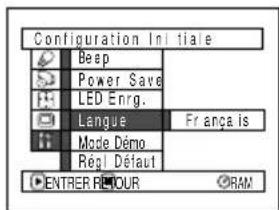 Configuration Initiale Beep Power Save LED Enrg. Langue Mode Demo Regl Détaut FR ança is ENTRER RETOUR RAM