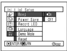 Initial Setup Beep Power Save Record LED Language Demo Mode Reset ENTER RETURN On Off RAM