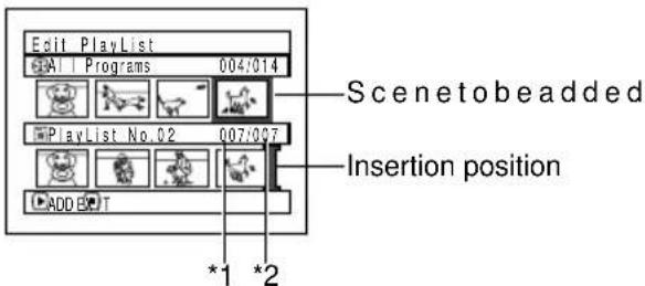 Edit PlayList All Programs 004/014 PlayList No.02 007/027 Scenetobadded Insertion position ADD T *1 *2