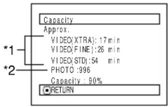 Capacity Approx. *1 VIDEO(XTRA): 17 min VIDEO(FINE): 26 min *2 VIDEO(STD): 54 min PHOTO: 996 Capacity: 90% RETURN