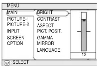 MENU MAIN BRIGHT PICTURE-1 CONTRAST PICTURE-2 ASPECT INPUT PICT. POSIT. SCREEN GAMMA OPTION MIRROR LANGUAGE : SELECT 12