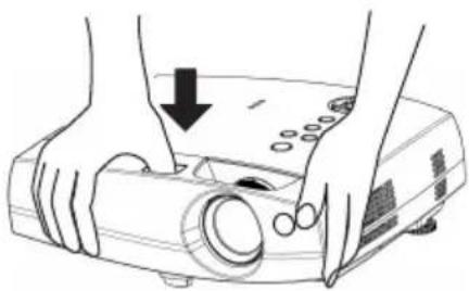 Illustration of hands operating a projector with a downward arrow indicating action (no text or symbols present)