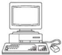 Line drawing of a vintage desktop computer with monitor, keyboard, and mouse (no text or symbols)