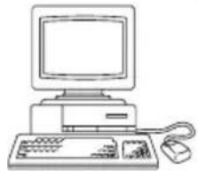 Line drawing of a vintage desktop computer with monitor, keyboard, and mouse (no text or symbols)