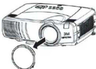 Line drawing of a projector with a circular component inserted, showing no text or symbols.