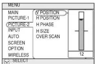 MENU MAIN PICTURE-1 PICTURE-2 INPUT AUTO SCREEN OPTION WIRELESS V POSITION H POSITION H PHASE H SIZE OVER SCAN 12 : SELECT
