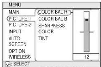 MENU MAIN PICTURE-1 PICTURE-2 INPUT AUTO SCREEN OPTION WIRELESS COLOR BAL R COLOR BAL B SHARPNESS COLOR TINT 12 : SELECT