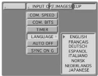 INPUT OPT.IMAGESETUP COM. SPEED COM. BITS TIMER LANGUAGE AUTO OFF SYNC ON G ENGLISH FRANCAIS DEUTSCH ESPAHOL ITALIANO NORSK NEDERLANDS JAPANESE