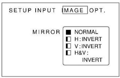 SETUP INPUT IMAGE OPT. MIRROR ■ NORMAL □ H:INVERT □ V:INVERT □ H&V: INVERT