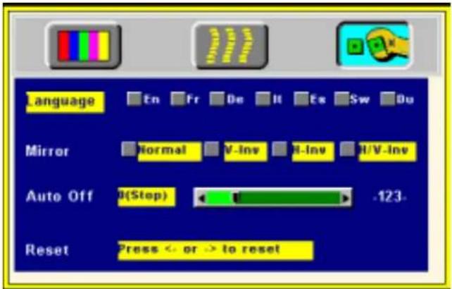 Language En Fr De It Ex Sw Du Mirror Normal V-Inv R-Inv R/V-Inv Auto Off 0(Step) -123. Reset Press < or > to reset