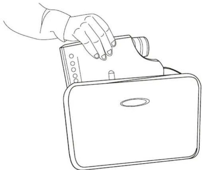 Line drawing of a hand pressing down on a device component (no text or symbols)