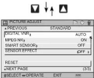 PICTURE ADJUST PREVIOUS STANDARD DIGITAL VNR AUTO MPEG NR ON SMART SENSOR OFF SENSOR EFFECT OFF RESET NEXT PAGE (3/3) #SELECT OPERATE EXIT
