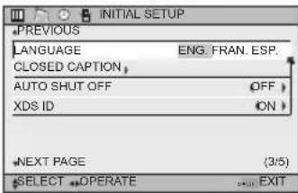 PREVIOUS LANGUAGE ENG. FRAN. ESP. CLOSED CAPTION AUTO SHUT OFF OFF XDS ID ON NEXT PAGE (3/5) SELECT OPERATE EXIT