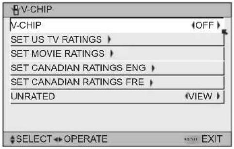 V-CHIP V-CHIP SET US TV RATINGS > SET MOVIE RATINGS > SET CANADIAN RATINGS ENG > SET CANADIAN RATINGS FRE > UNRATED (OFF) (VIEW) SELECT OPERATE EXIT EXIT