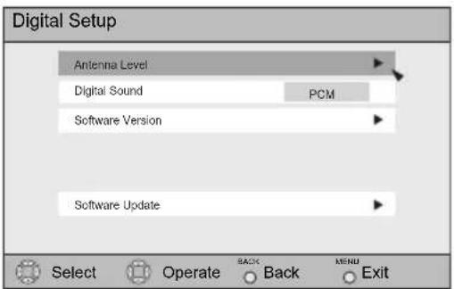 Digital Setup Antenna Level Digital Sound PCM Software Version Software Update Select Operate BACK Back MEND Exit