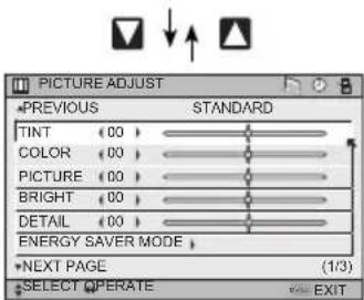 PICTURE ADJUST PREVIOUS STANDARD TINT (00) COLOR (00) PICTURE (00) BRIGHT (00) DETAIL (00) ENERGY SAVER MODE NEXT PAGE (1/3) SELECT OPERATE EXIT