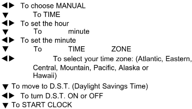 ◀▶ To choose MANUAL ▼ To TIME ◀▶ To set the hour ▼ To minute ◀▶ To set the minute ▼ To TIME ZONE ◀▶ To select your time zone: (Atlantic, Eastern, Central, Mountain, Pacific, Alaska or Hawaii) ▼ To move to D.S.T. (Daylight Savings Time) ◀▶ To turn D.S.T. ON or OFF ▼ To START CLOCK