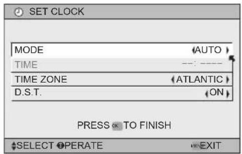 SET CLOCK MODE AUTO TIME TIME ZONE ATLANTIC D.S.T. ON PRESS TO FINISH SELECT OPERATE EXIT
