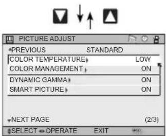 PICTURE ADJUST *PREVIOUS STANDARD COLOR TEMPERATURE LOW COLOR MANAGEMENT ON DYNAMIC GAMMA ON SMART PICTURE ON *NEXT PAGE (2/3) $SELECT OPERATE EXIT