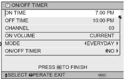ON/OFF TIMER ON TIME 7:00 PM OFF TIME 10:00 PM CHANNEL 03 ON VOLUME CURRENT MODE EVERYDAY ON/OFF TIMER NO PRESS OK TO FINISH SELECT OPERATE EXIT MENU