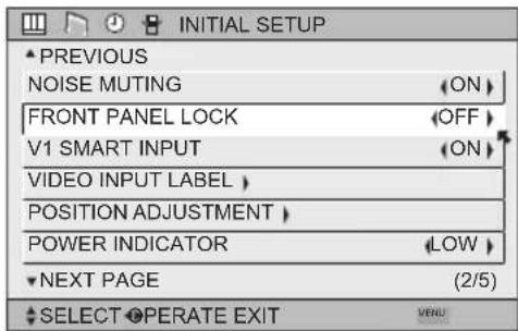 INITIAL SETUP PREVIOUS NOISE MUTING FRONT PANEL LOCK V1 SMART INPUT VIDEO INPUT LABEL POSITION ADJUSTMENT POWER INDICATOR NEXT PAGE (2/5) SELECT OPERATE EXIT VENU