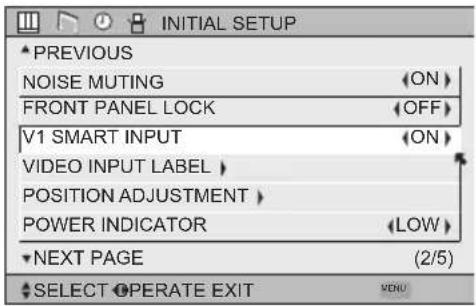 INITIAL SETUP PREVIOUS NOISE MUTING FRONT PANEL LOCK V1 SMART INPUT VIDEO INPUT LABEL POSITION ADJUSTMENT POWER INDICATOR NEXT PAGE (2/5) SELECT OPERATE EXIT