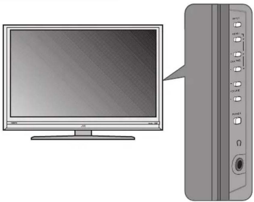 Diagram showing a desktop computer monitor connected to a tower-mounted drive, with labeled control buttons and ports.