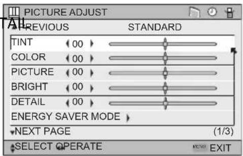 PICTURE ADJUST PREVIOUS STANDARD TINT 00 COLOR 00 PICTURE 00 BRIGHT 00 DETAIL 00 ENERGY SAVER MODE NEXT PAGE (1/3) SELECT OPERATE MENU EXIT