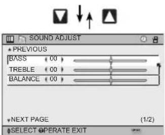 SOUND ADJUST * PREVIOUS BASS (00) TREBLE (00) BALANCE (00) * NEXT PAGE (1/2) * SELECT OPERATE EXIT