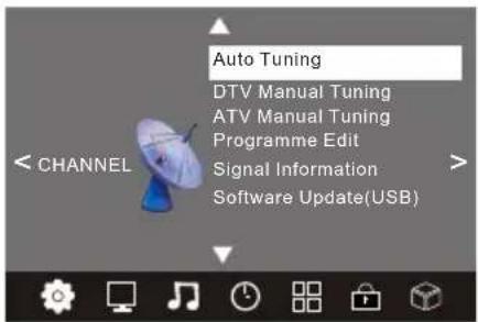 Auto Tuning DTV Manual Tuning ATV Manual Tuning Programme Edit Signal Information Software Update(USB)