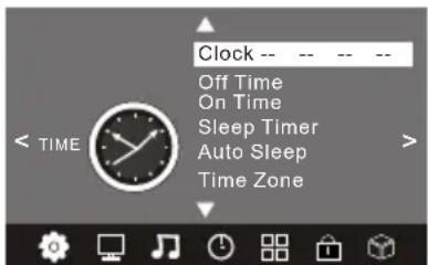 Clock -- Off Time On Time Sleep Timer Auto Sleep Time Zone < TIME >