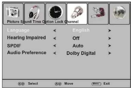 Picture Sound Time Option Lock Channel Language English Hearing Impaired Off SPDIF Auto Audio Preference Dolby Digital Select Move Menu Exit