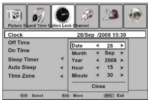 Picture Sound Time Option Lock Channel Clock 28/Sep /2008 15:30 Off Time Date < 28 > On Time Month < Sep > Sleep Timer < Year < 2008 > Auto Sleep < Hour < 15 > Time Zone < Minute < 30 > Close Select Move MENU Exit