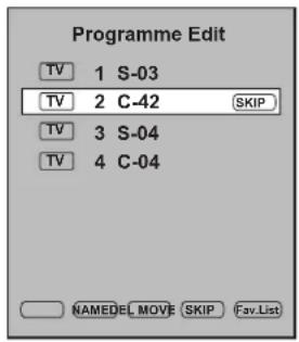 Programme Edit TV 1 S-03 TV 2 C-42 SKIP TV 3 S-04 TV 4 C-04 NAMEDEL MOVE SKIP Fav.List