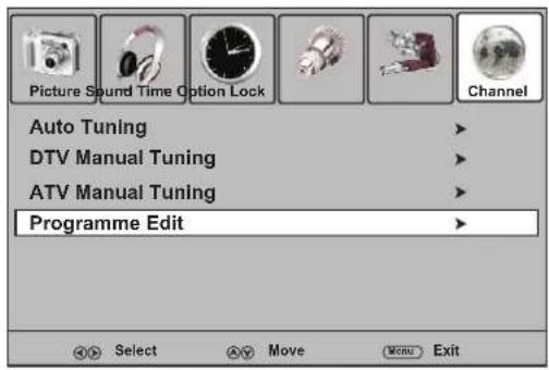 Picture Sound Time Option Lock Auto Tuning DTV Manual Tuning ATV Manual Tuning Programme Edit
