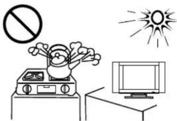 Safety warning illustration showing a person on a stove with a 'No' symbol, a explosion, and a monitor below.