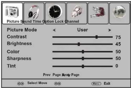 Picture Sound Time Option Lock Channel Picture Mode User Contrast 75 Brightness 45 Color 50 Sharpness 50 Tint 0 Prev Page Next Page Select Move Menu Exit