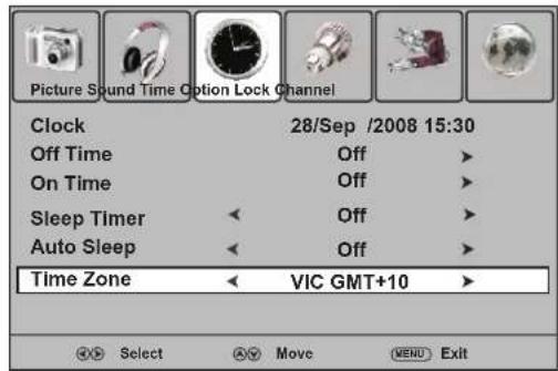 Picture Sound Time Cotion Lock Channel Clock 28/Sep /2008 15:30 Off Time Off On Time Off Sleep Timer Off Auto Sleep Off Time Zone VIC GMT+10 OK Select Apply Move MENU Exit