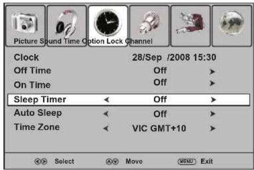 Picture Sound Time Cotion Lock Channel Clock 28/Sep /2008 15:30 Off Time Off > On Time Off > Sleep Timer Off > Auto Sleep Off > Time Zone VIC GMT+10 > Select Move MENU Exit