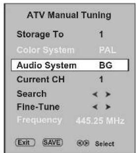 ATV Manual Tuning Storage To 1 Color System PAL Audio System BG Current CH 1 Search < > Fine-Tune < > Frequency 445.25 MHz Exit SAVE Select
